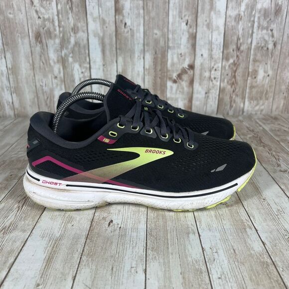 Brooks Ghost 15 Running Shoes Performance Sneakers‎ Black Pink Yellow 9.5 - Picture 1 of 8